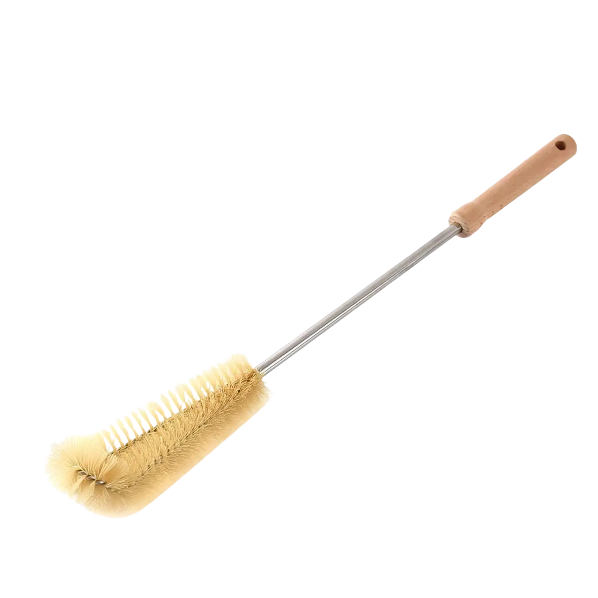 Wooden bottle cleaning brush long handle with slender metallic shaft and dense pale yellow bristles on light brown handle