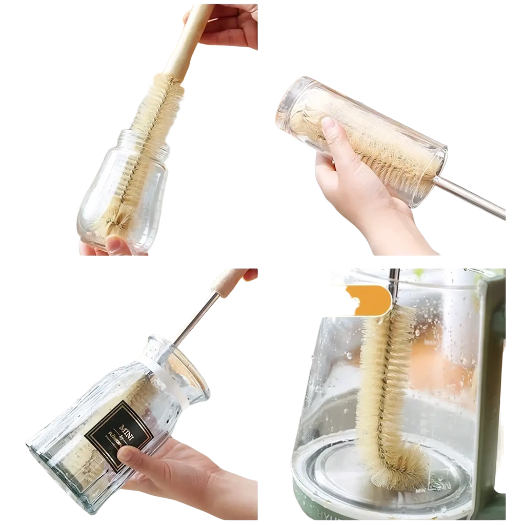 Wooden bottle cleaning brush long handle with slender glass bottle brush and dense beige bristles for effective cleaning