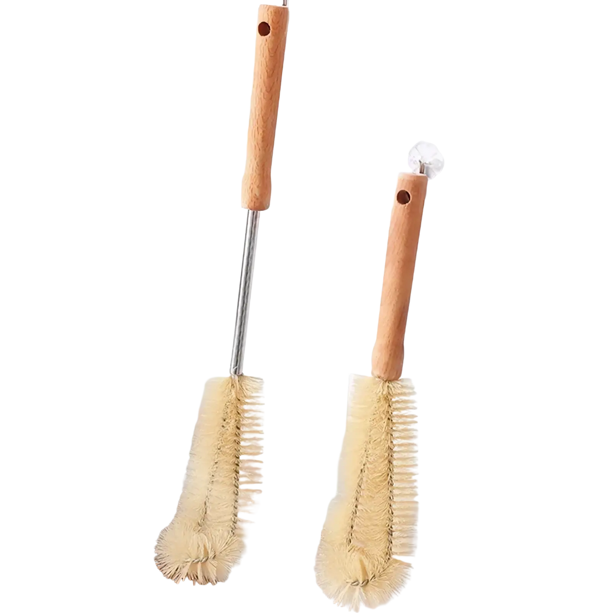 Wooden bottle cleaning brush long handle with wooden handle natural bristles and metal stem hanging on tiled wall