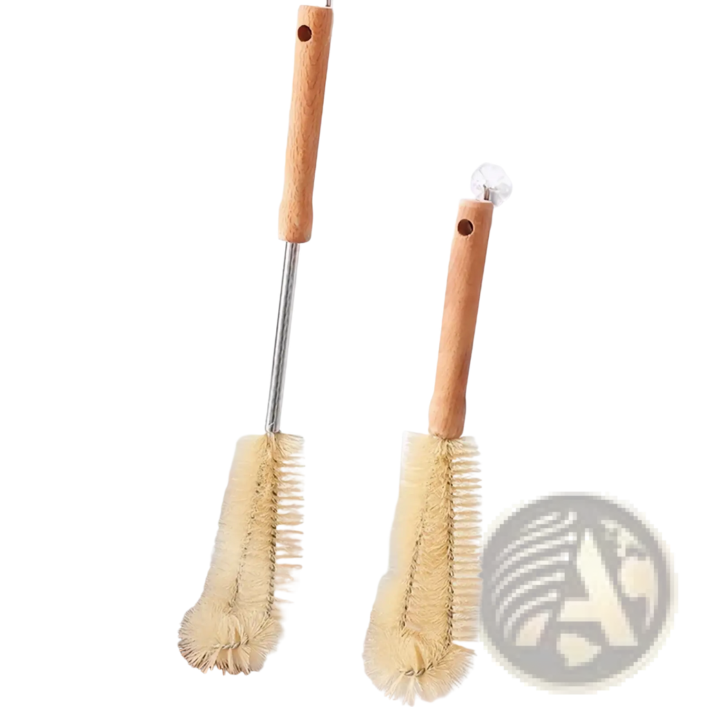 Wooden bottle cleaning brush long handle with wooden handle natural bristles and metal stem hanging on tiled wall