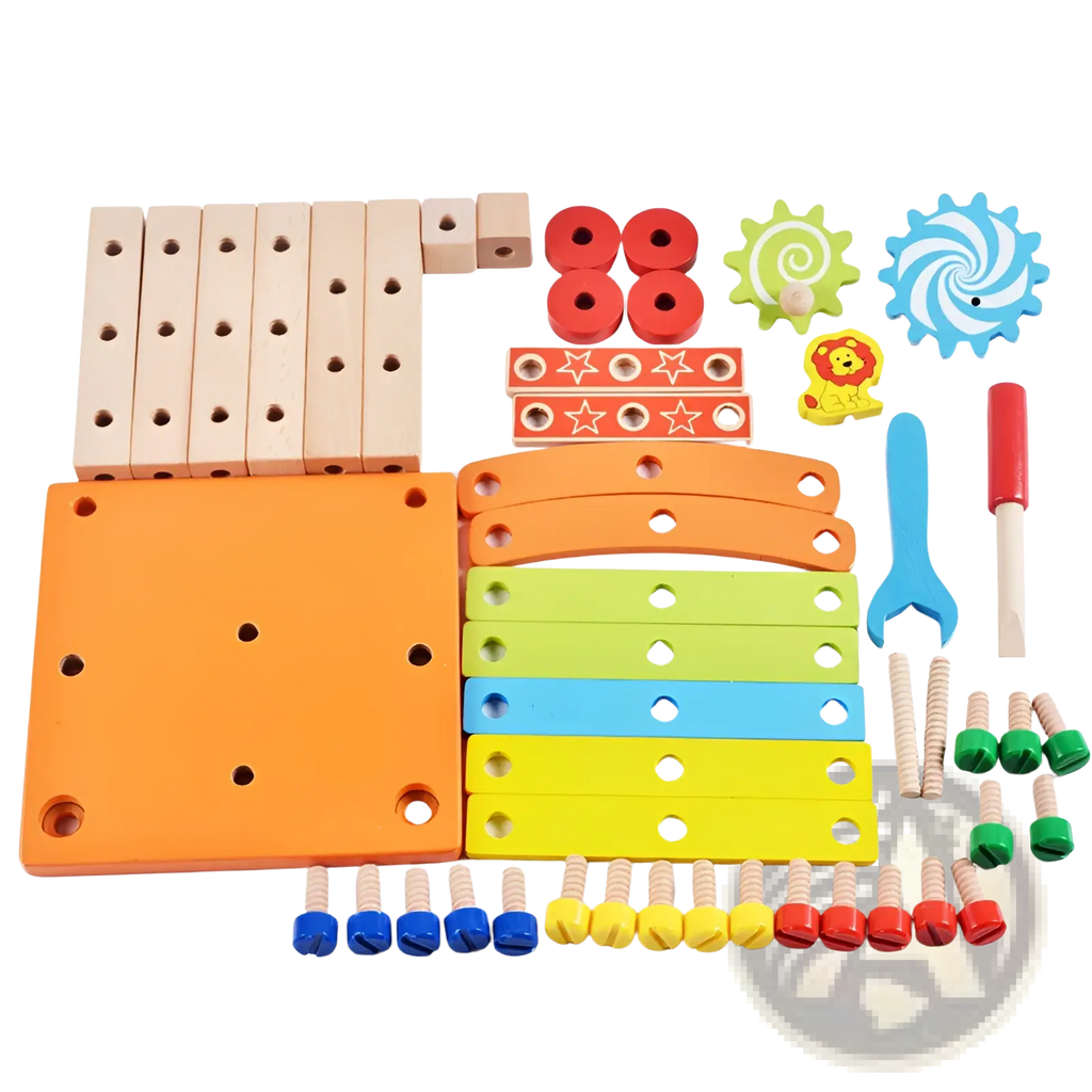 Colorful wooden building block chair toy construction set with pegs gears and tools for creative play