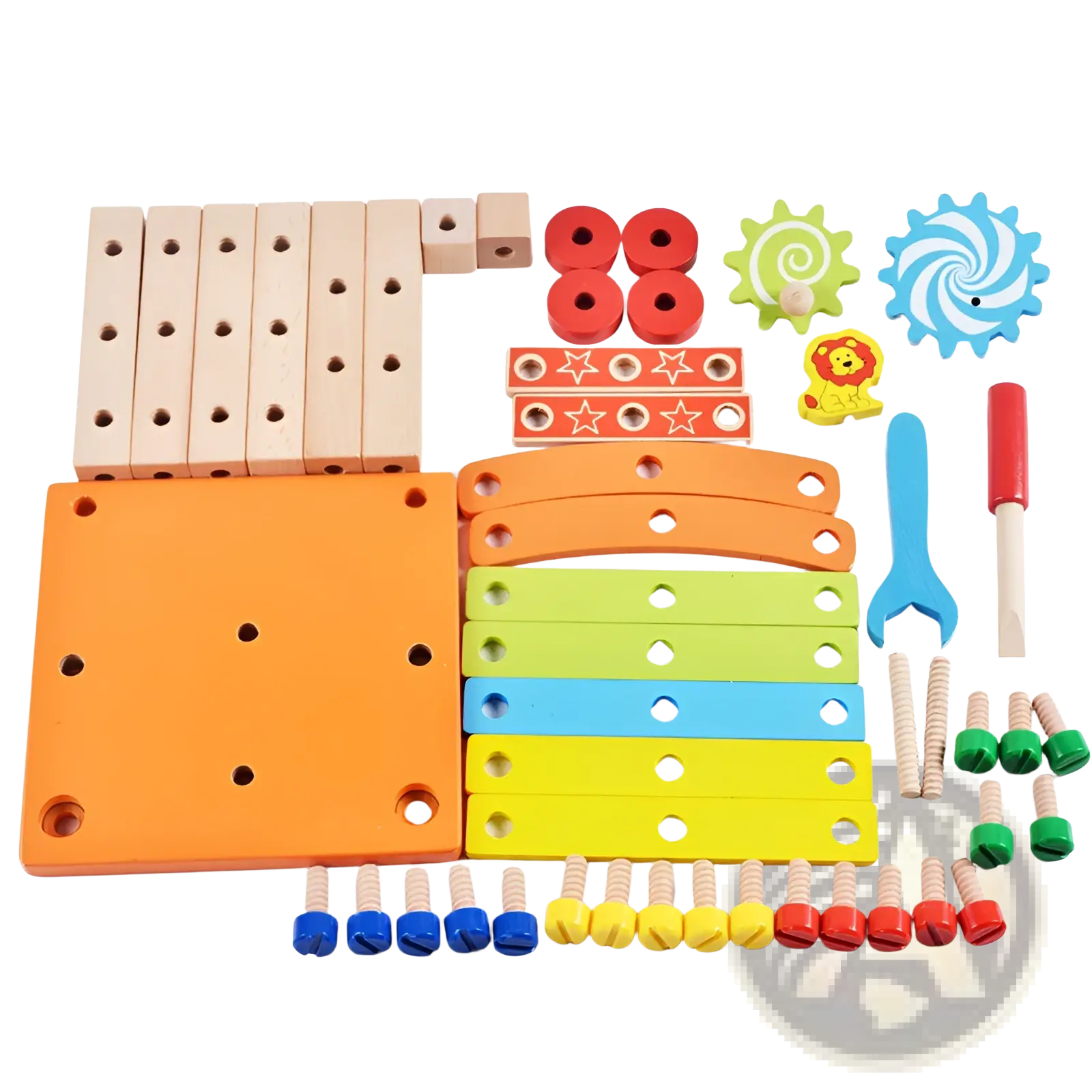 Colorful wooden building block chair toy construction set with pegs gears and tools for creative play