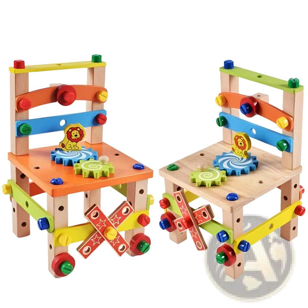 Colorful wooden building block chair toy construction set with pegboard-style design and functional gear mechanisms
