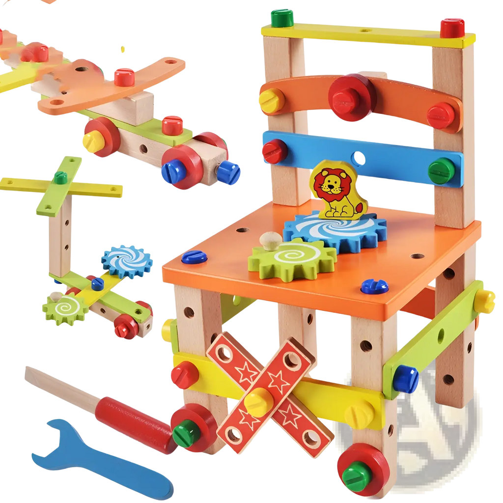 Brightly colored wooden building block chair toy construction set with airplane and car featuring red green blue and yellow pegs