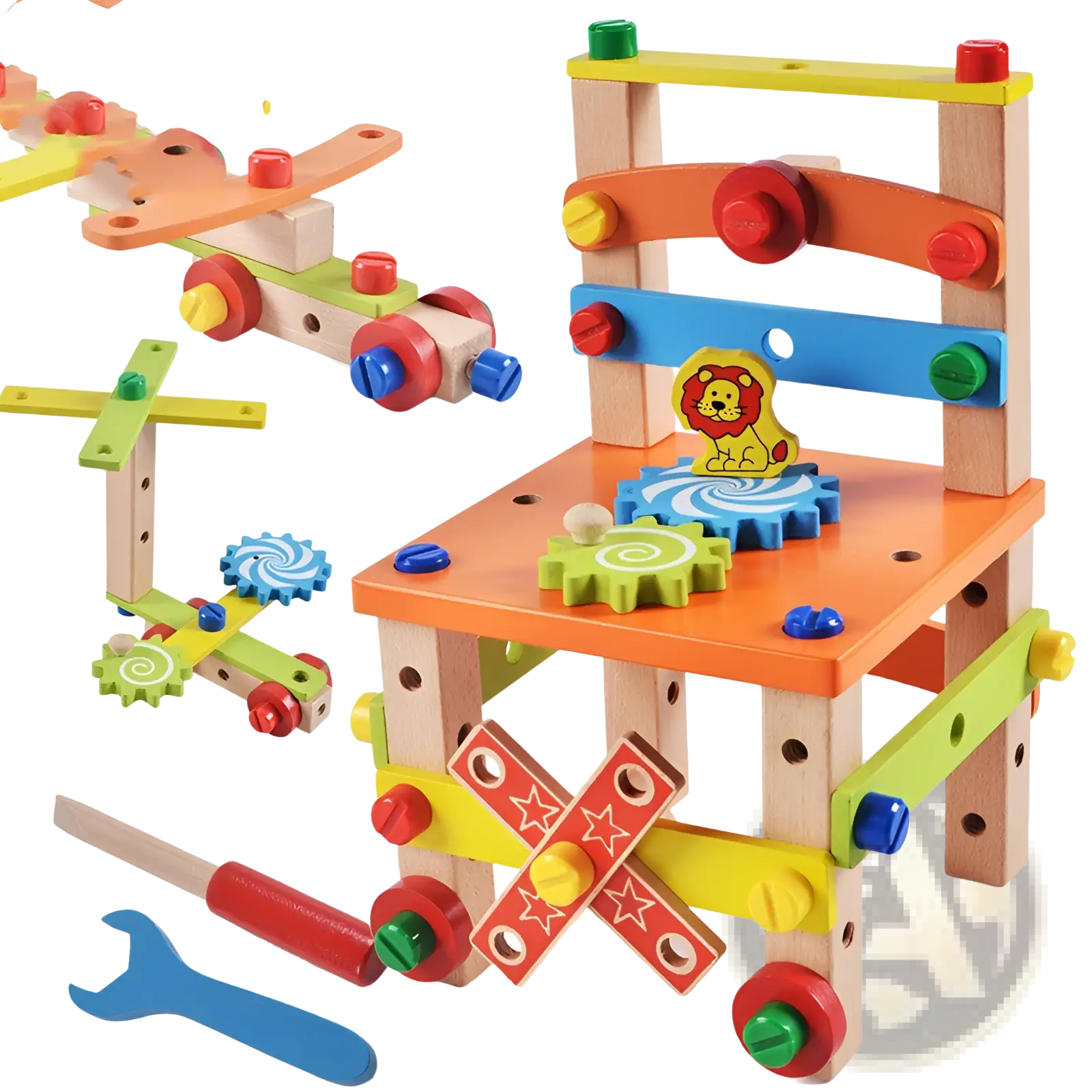 Brightly colored wooden building block chair toy construction set with airplane and car featuring red green blue and yellow pegs