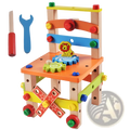 Colorful wooden building block chair toy construction set with a lion-shaped gear and tools in a workbench design