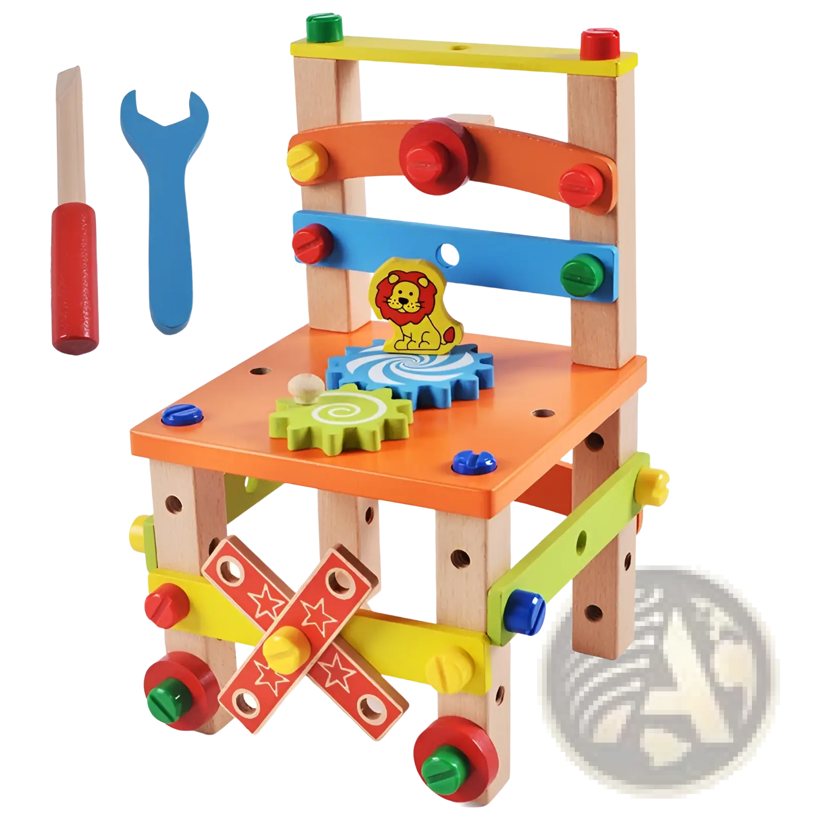 Colorful wooden building block chair toy construction set with a lion-shaped gear and tools in a workbench design