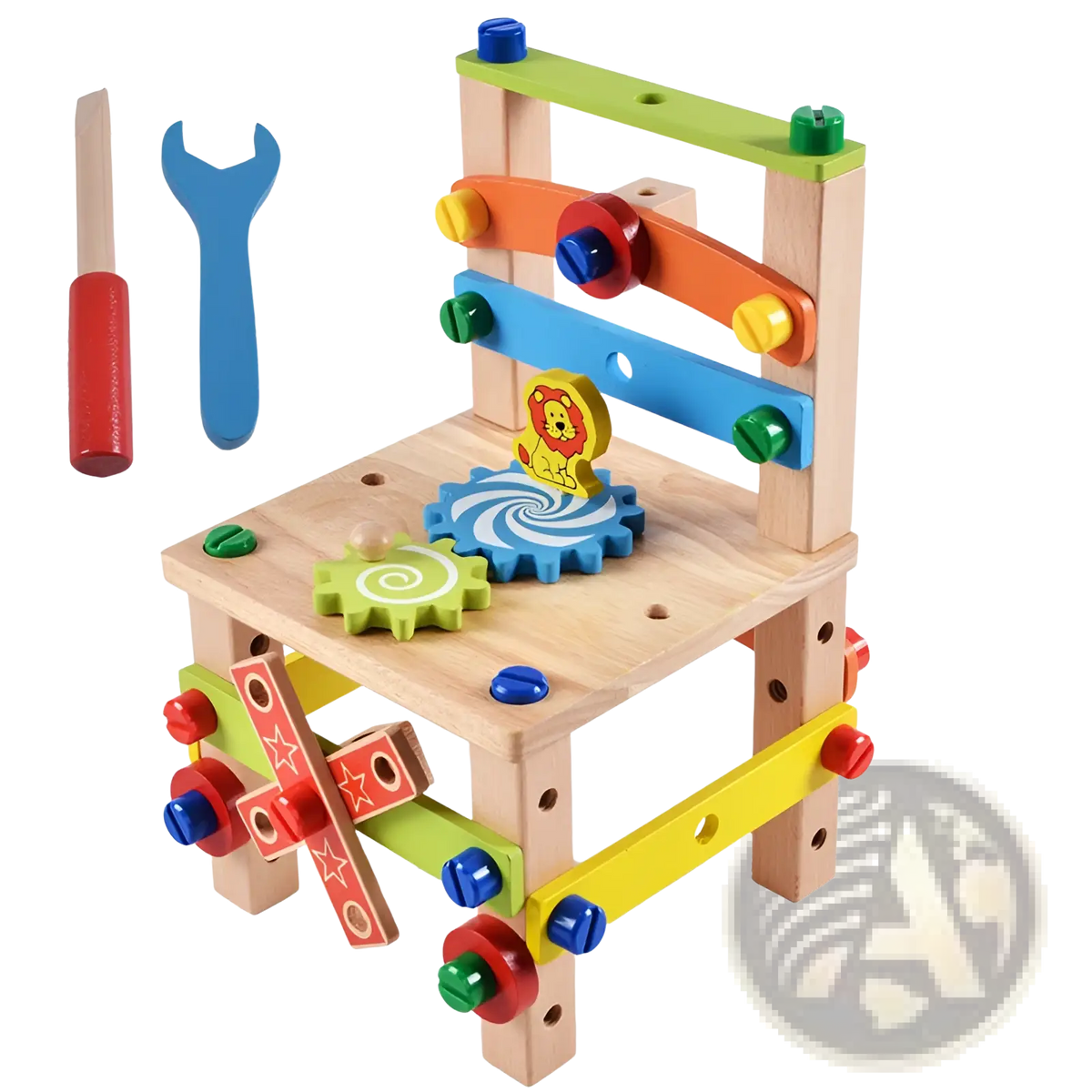 Colorful wooden building block chair toy construction set featuring a wooden toy workbench with lion-shaped gear and tools