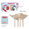 A light-colored wooden building block structure made from interlocking citiblocs for educational toys and imaginative play