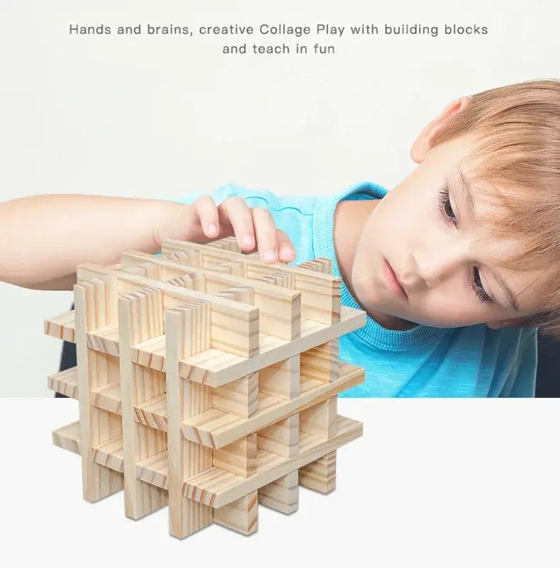 Light-colored wooden building block set with 100 interlocking rectangular pieces for educational toys and creative play