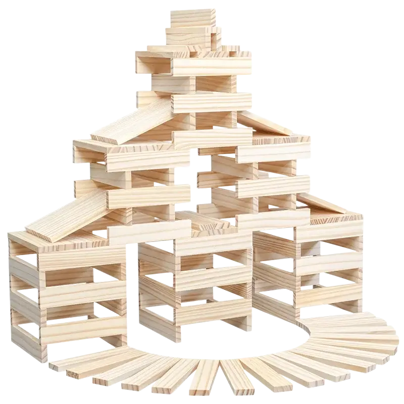 A light-colored wooden building block tower stacked in a pyramid structure from a 100pcs educational toys set