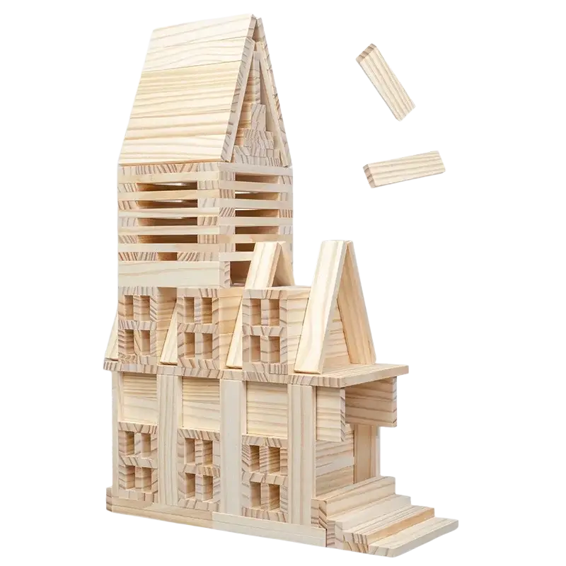 A tall wooden building block house made of light natural wood with detailed windows for educational toys