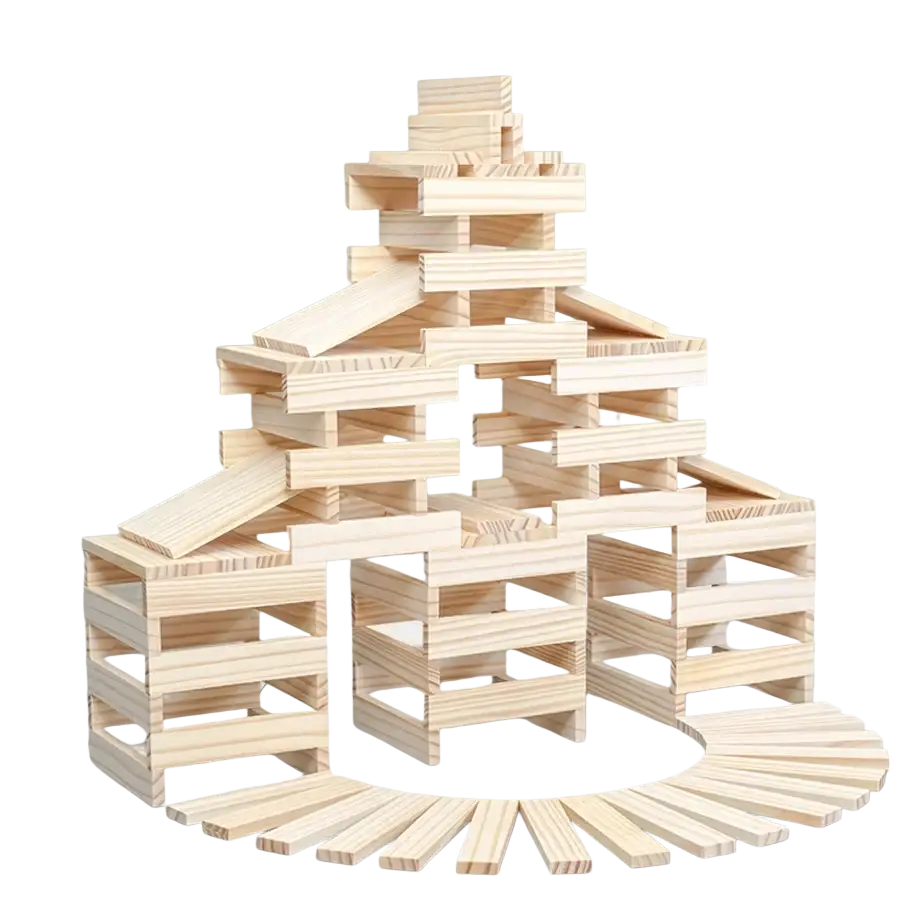 A tall multi-tiered wooden building block tower made of light-colored pine from a 100pcs educational toy set