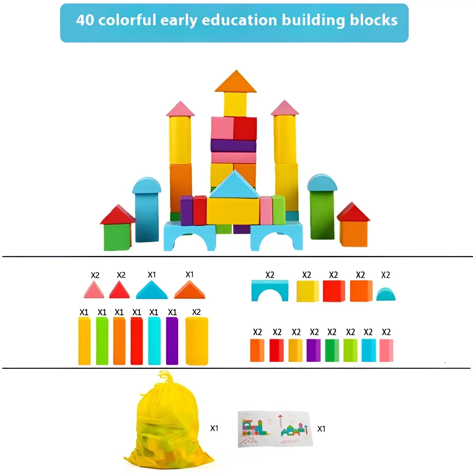 Set of 40 colorful wooden early education building blocks in assorted shapes from the 100 piece geometric toy set