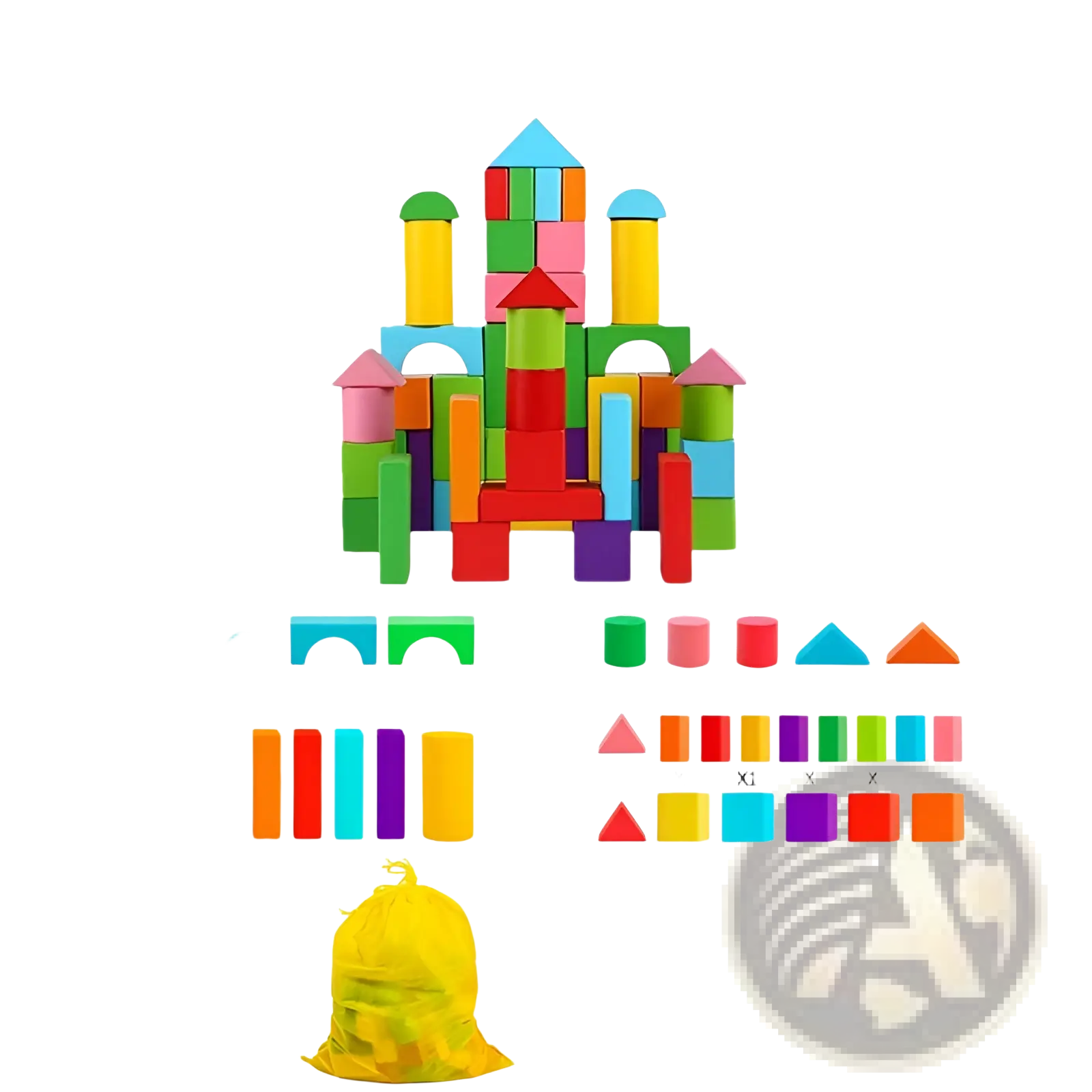 A vibrant castle built from 50 colorful wooden blocks featuring assorted shapes in a 100 piece geometric toy set