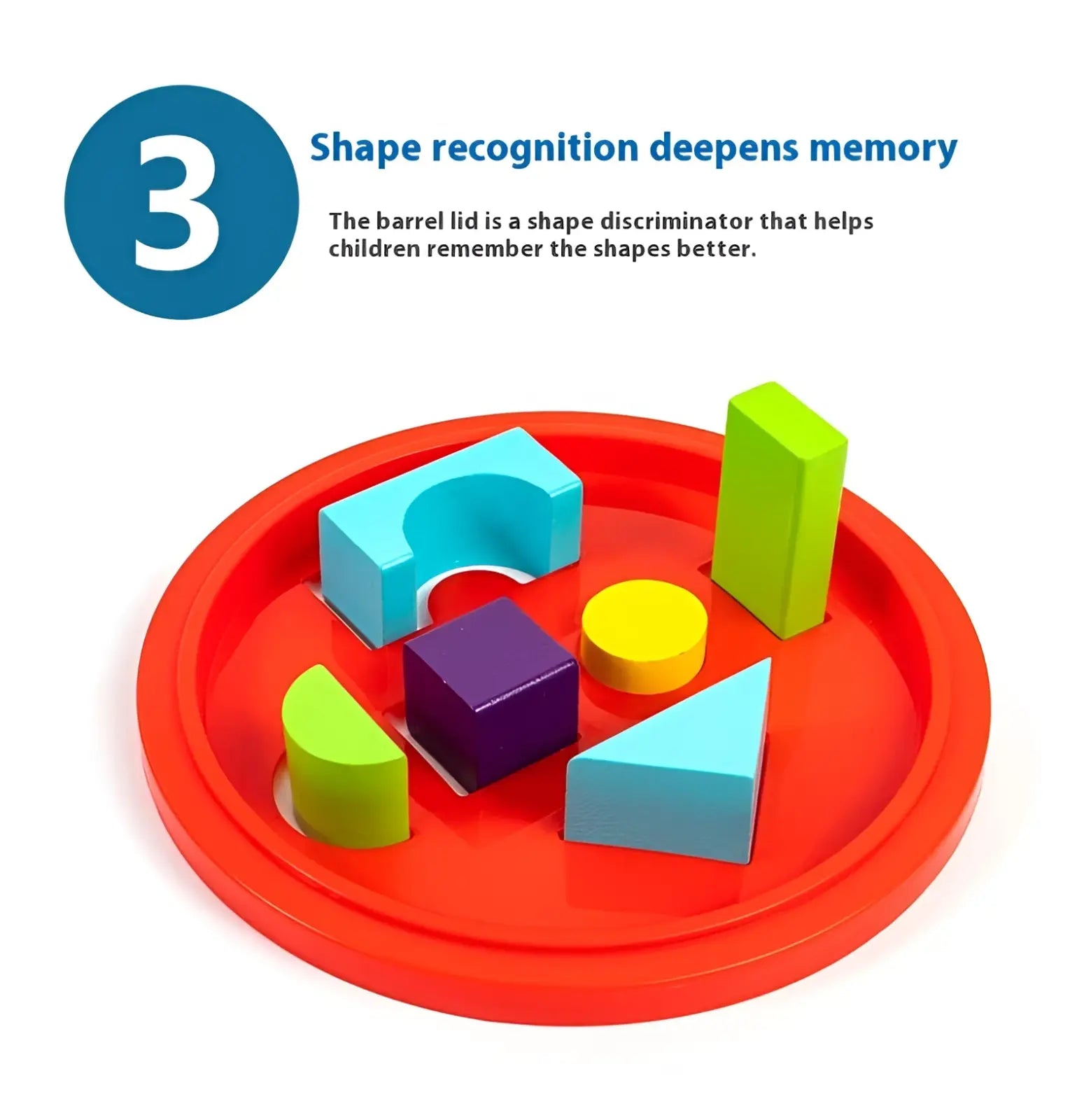 Bright red plastic shape-sorting tray with colorful blue green yellow and purple geometric wooden building blocks