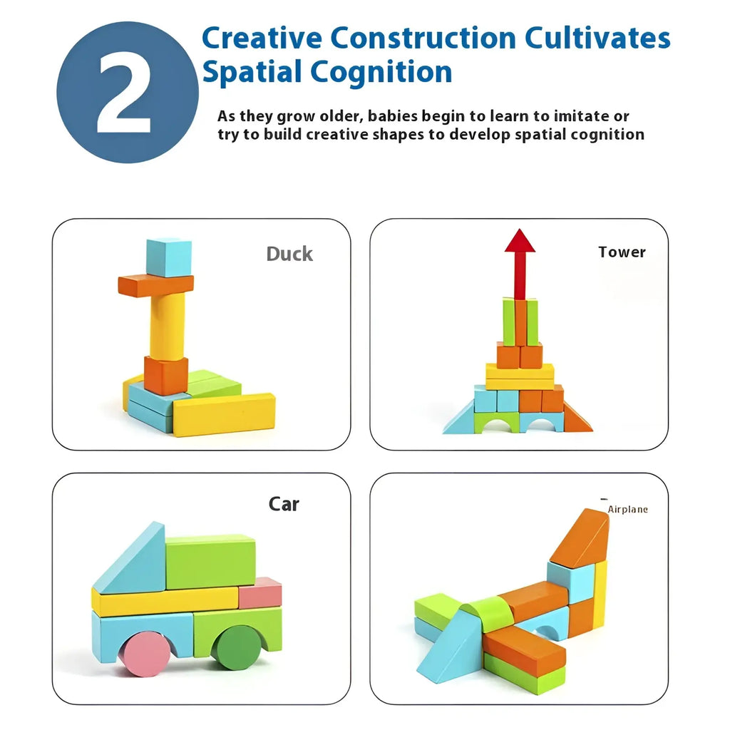 Colorful wooden 100 piece geometric building blocks arranged to form a duck tower car and airplane toy set