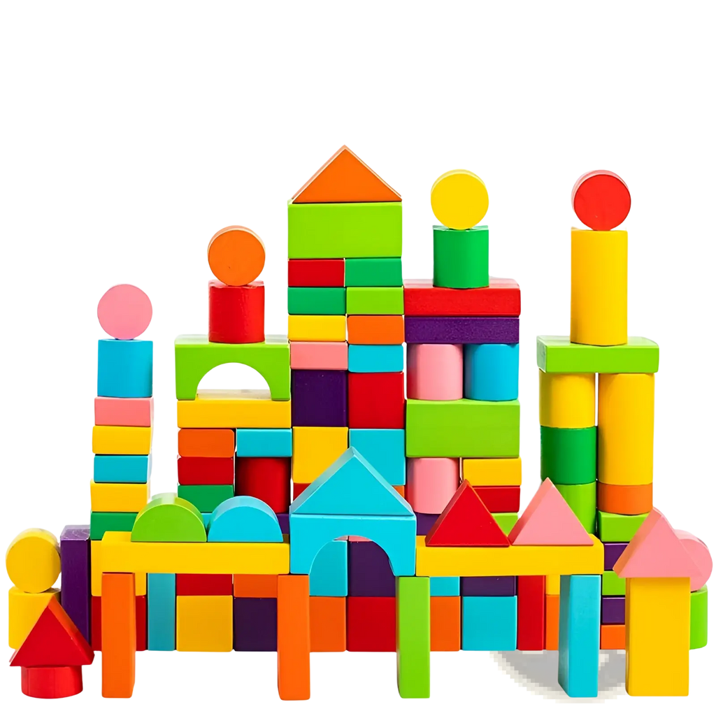 A vibrant set of 100 colorful wooden geometric building blocks in bright primary and secondary hues for creative play