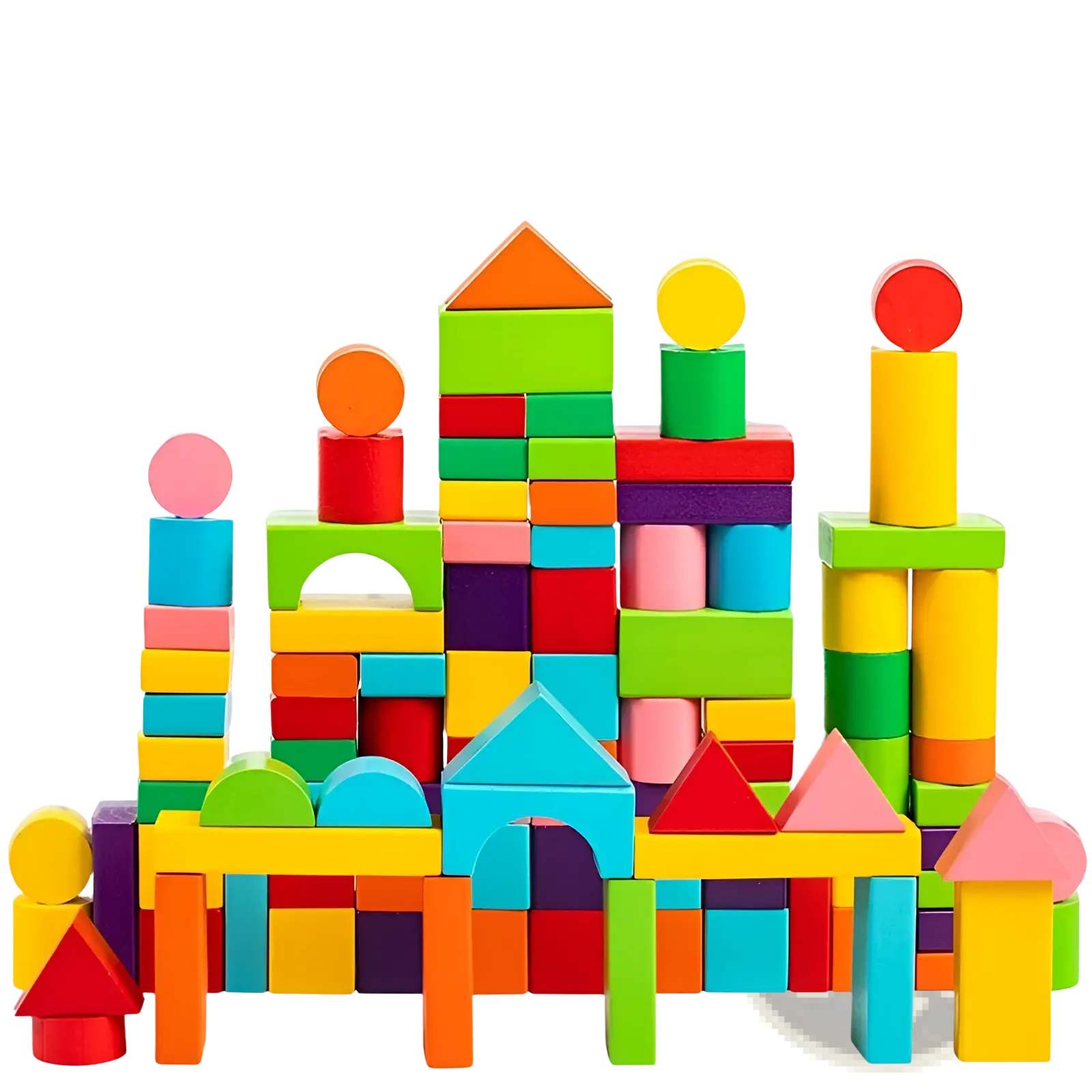A vibrant set of 100 colorful wooden geometric building blocks in bright primary and secondary hues for creative play