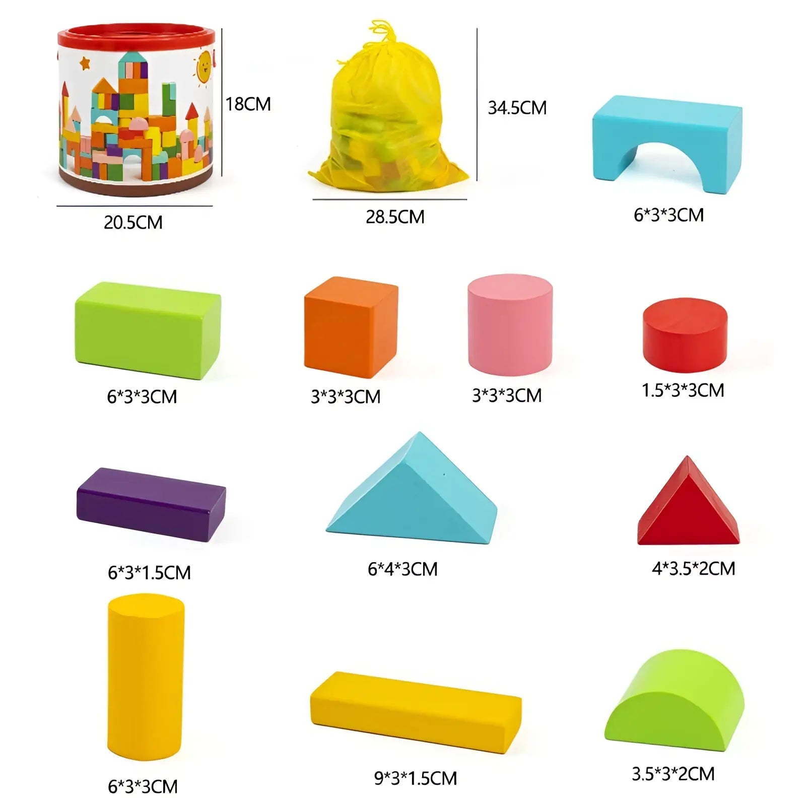 Colorful plastic building blocks in various shapes and sizes for creative play in a 100 piece wooden geometric toy set