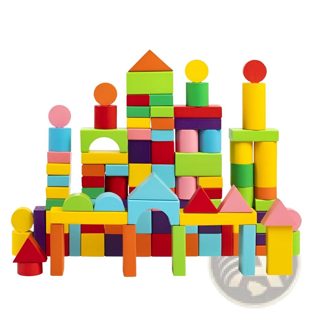 A vibrant multi-colored wooden building blocks 100 piece geometric toy set arranged into a castle-like structure