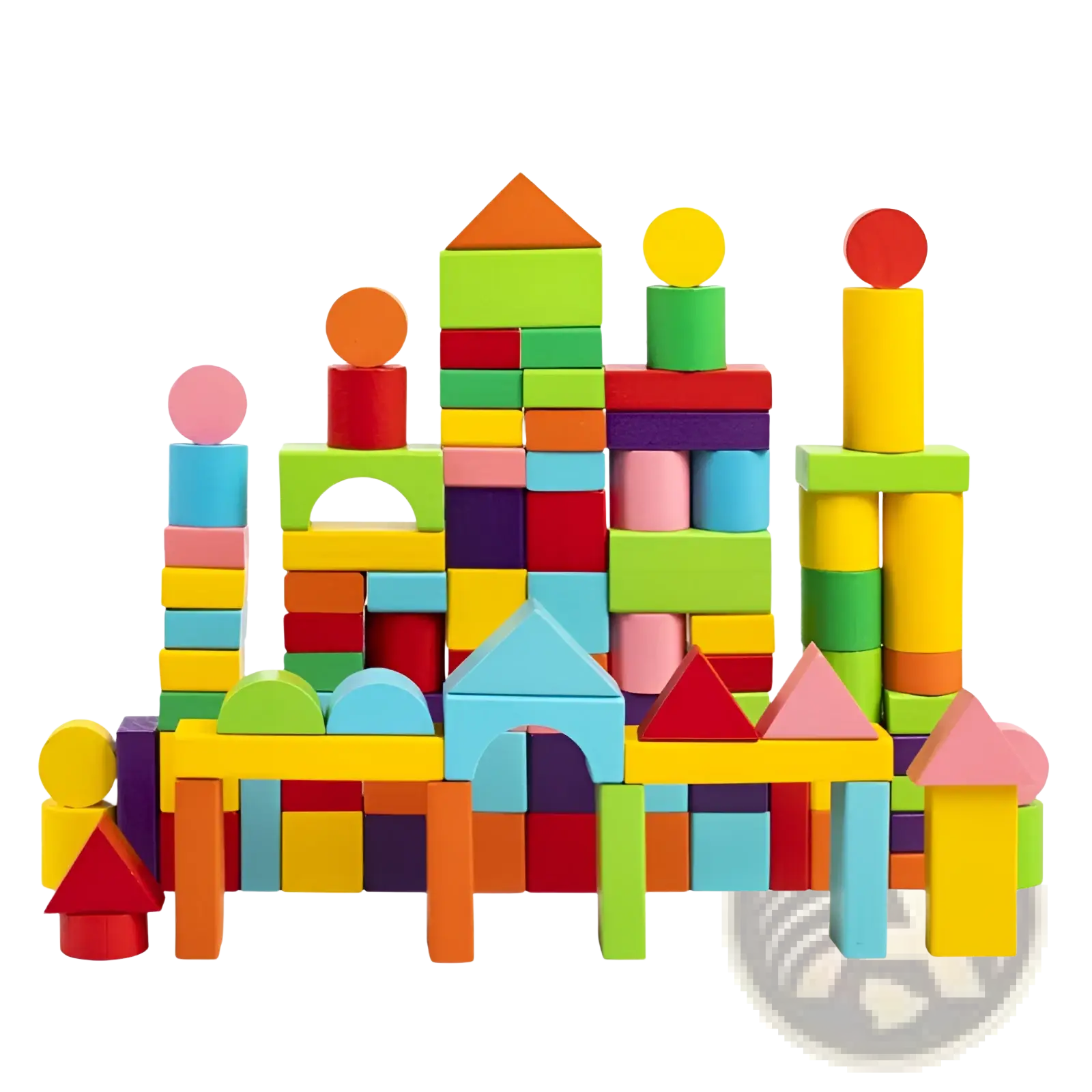 A vibrant multi-colored wooden building blocks 100 piece geometric toy set arranged into a castle-like structure