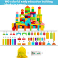 Wooden building blocks 100 piece geometric toy set with vibrant colorful shapes and a yellow drawstring bag