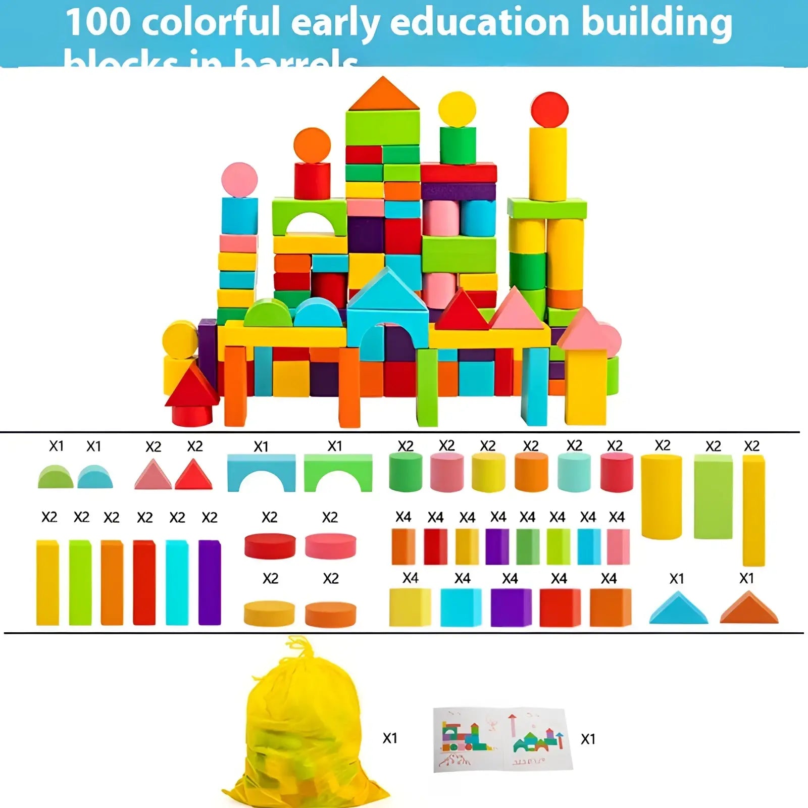 Wooden building blocks 100 piece geometric toy set with vibrant colorful shapes and a yellow drawstring bag