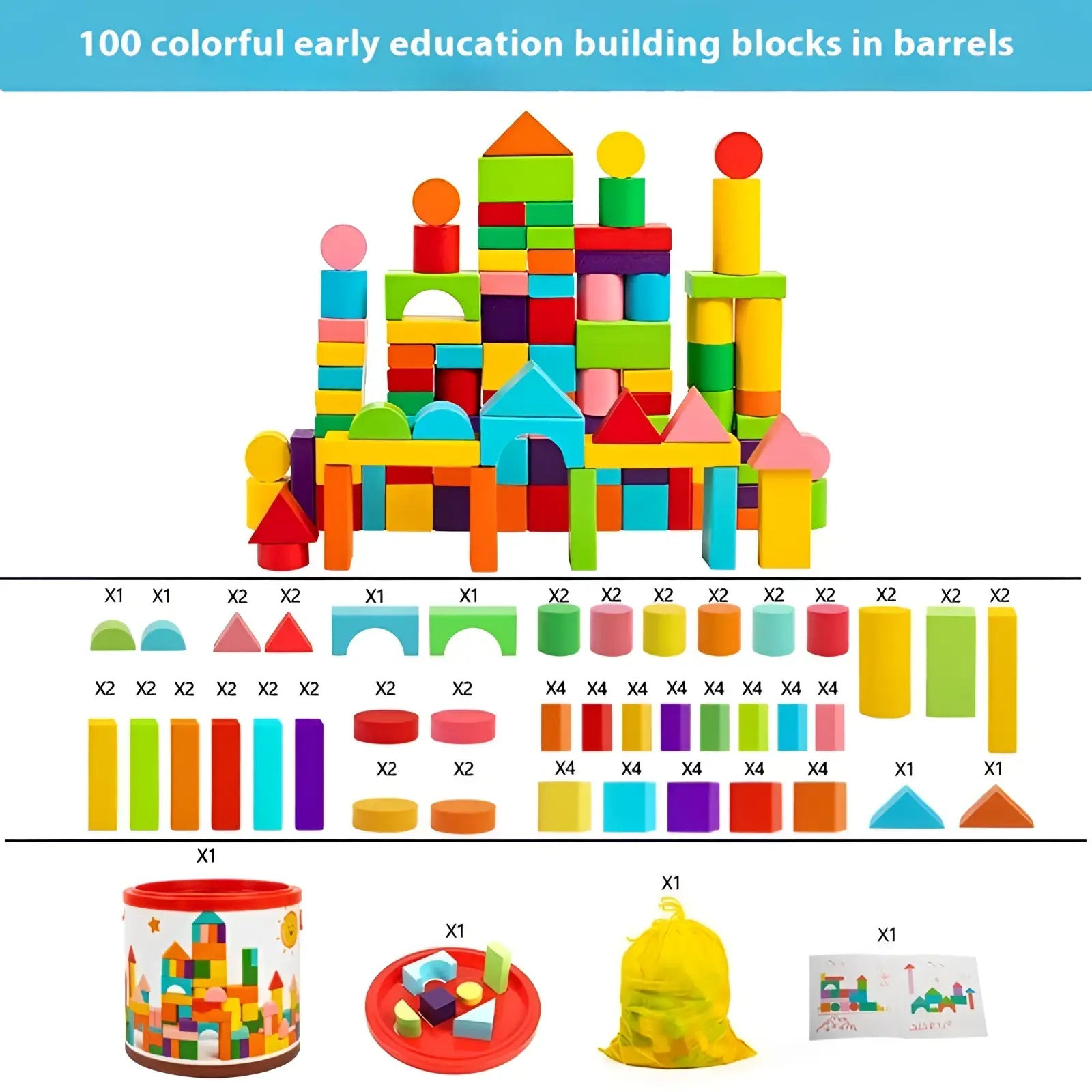 A vibrant set of 100 colorful wooden building blocks in assorted shapes with a storage barrel included