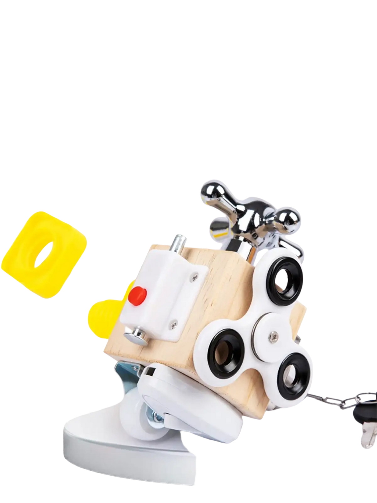 Wooden busy board montessori sensory fidget toy with white and black spinner parts chrome knobs and red button