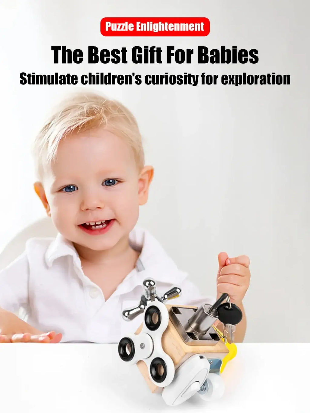 Wooden busy board baby fidget toy with metal accents in black white and yellow for montessori sensory play
