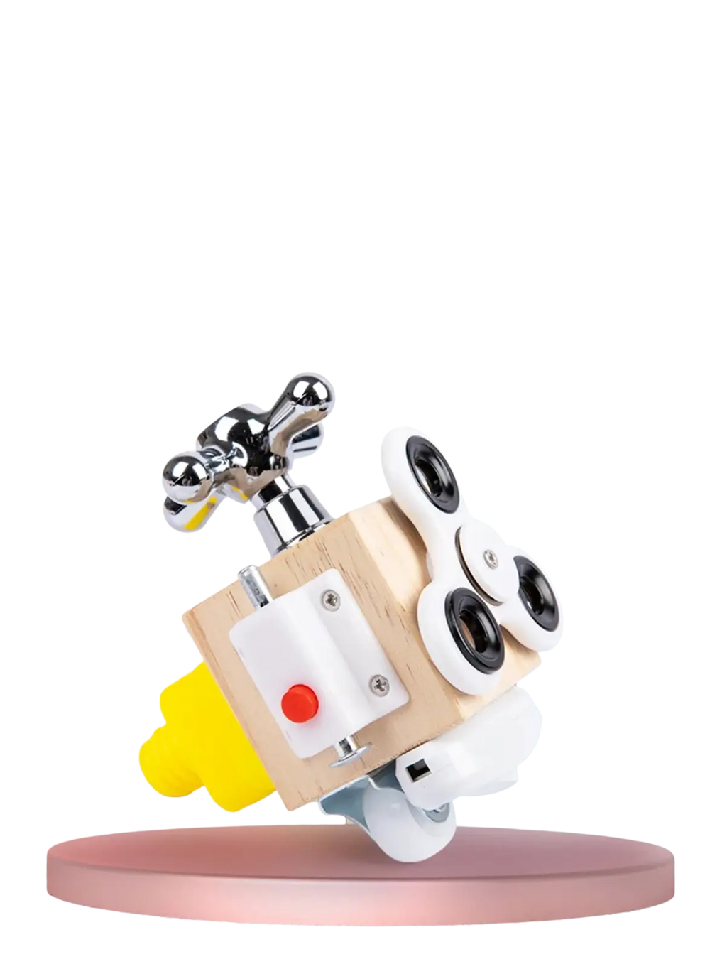 Wooden busy board featuring a chrome faucet handle, white fidget spinner components, and a red button for sensory play