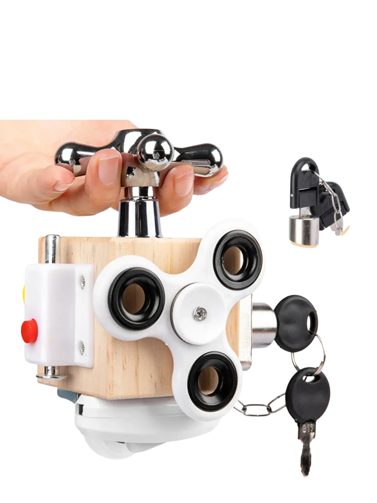 Wooden busy board with white plastic puzzle, chrome handle, black circular openings, and attached keys for sensory play