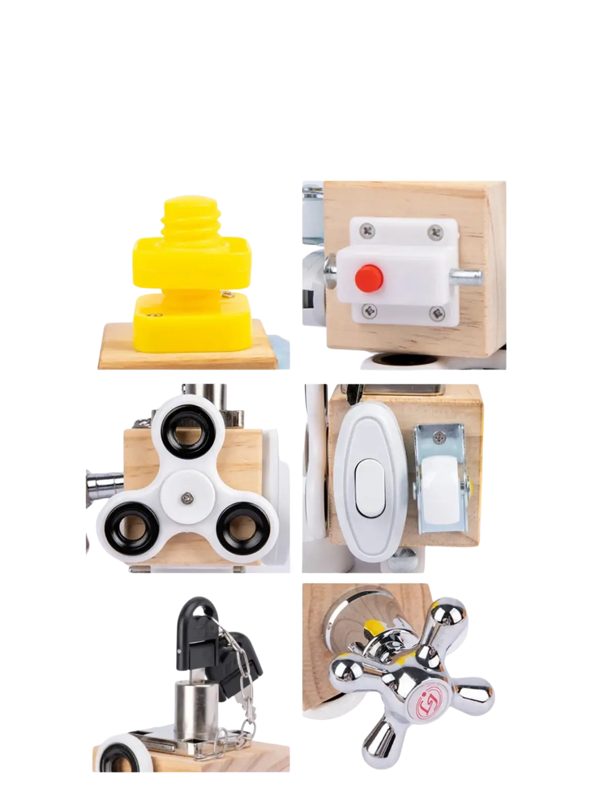 Yellow plastic tiered puzzle piece on wooden busy board montessori sensory fidget toy for tactile learning
