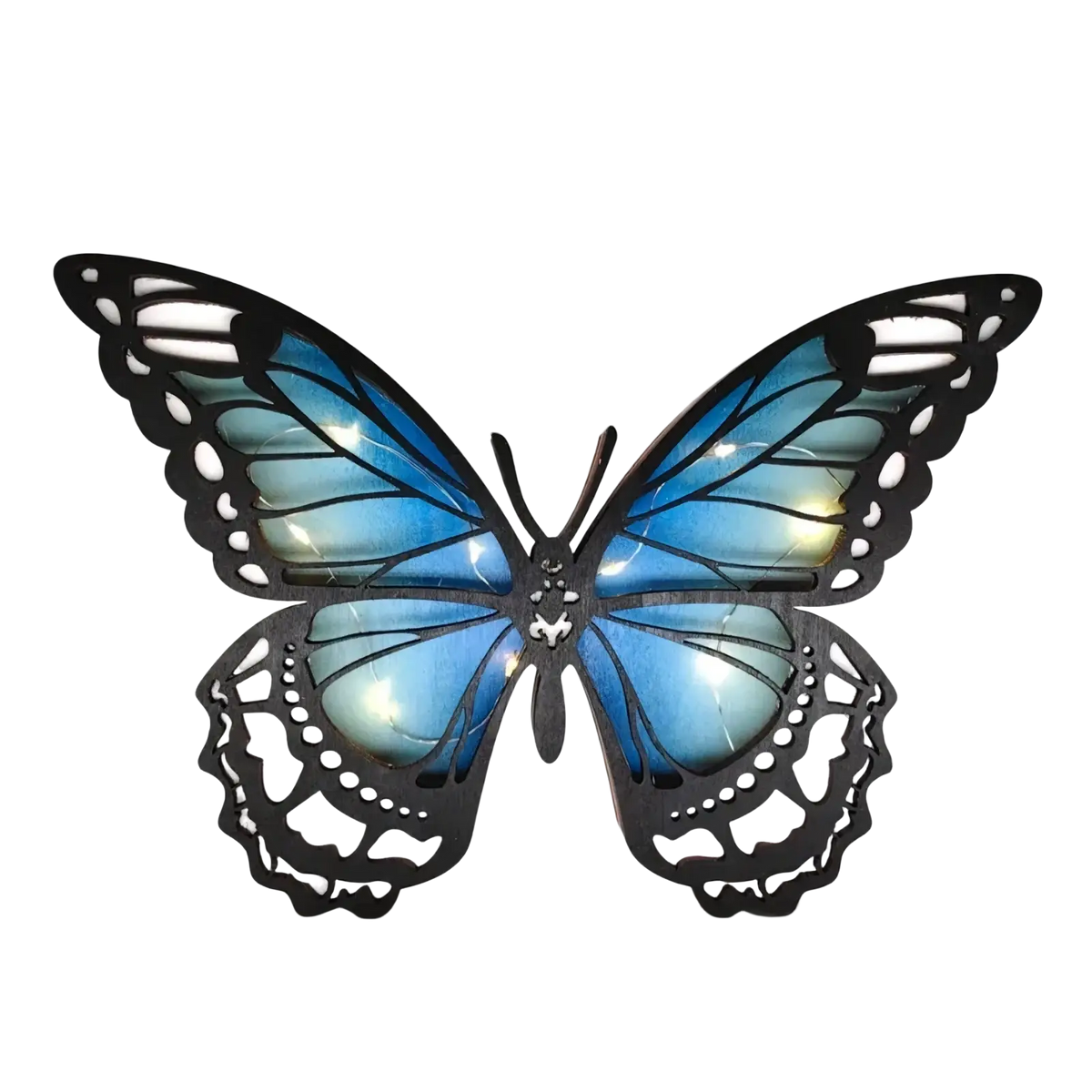 Wooden butterfly led light tabletop decor featuring a blue butterfly shape with illuminated wings and black cutout detailing