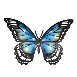 Blue butterfly-shaped wooden LED light with black frame and illuminated wings for tabletop decor