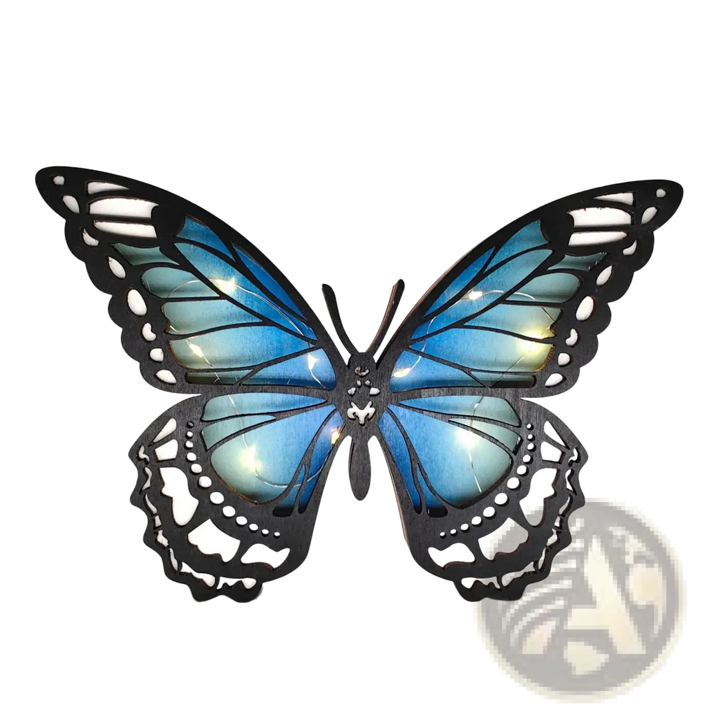 Blue butterfly-shaped wooden LED light with black frame and illuminated wings for tabletop decor