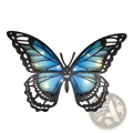 Blue butterfly-shaped wooden LED light with black frame and illuminated wings for tabletop decor