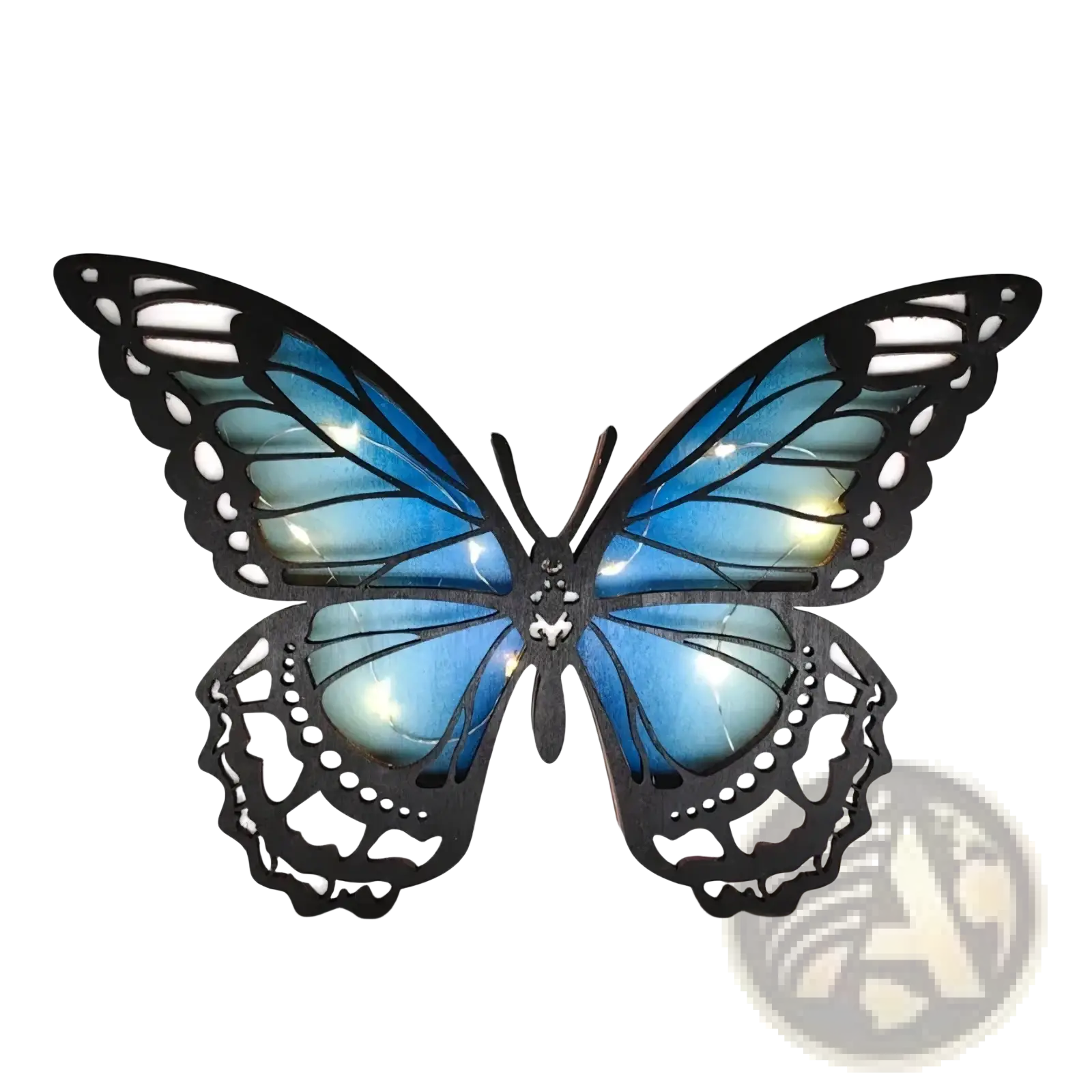 Wooden butterfly led light tabletop decor featuring a blue butterfly shape with illuminated wings and black cutout detailing