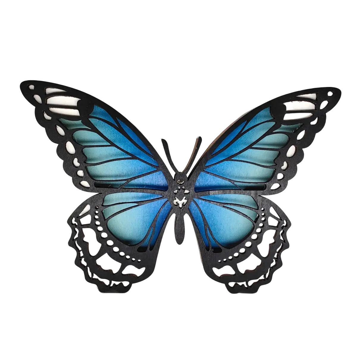 Wooden butterfly led light tabletop decor featuring decorative cut-out patterns with blue gradient wings and black edges