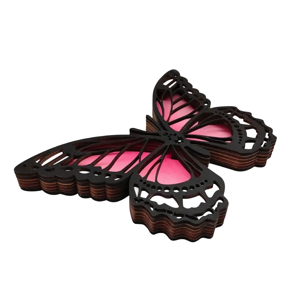 Wooden butterfly LED light tabletop decor with layered wood design and vibrant pink intricate cut-out patterns
