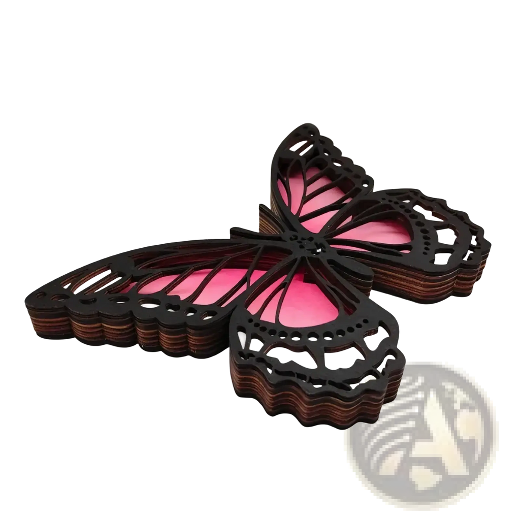 Wooden butterfly LED light tabletop decor with layered wood design and vibrant pink intricate cut-out patterns