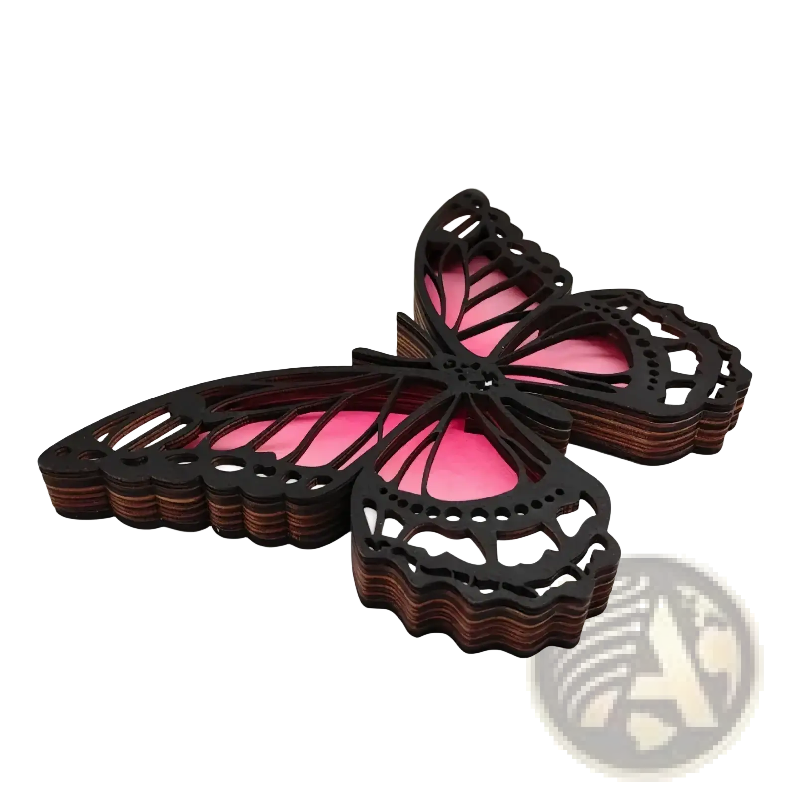 Wooden butterfly LED light tabletop decor with layered wood design and vibrant pink intricate cut-out patterns
