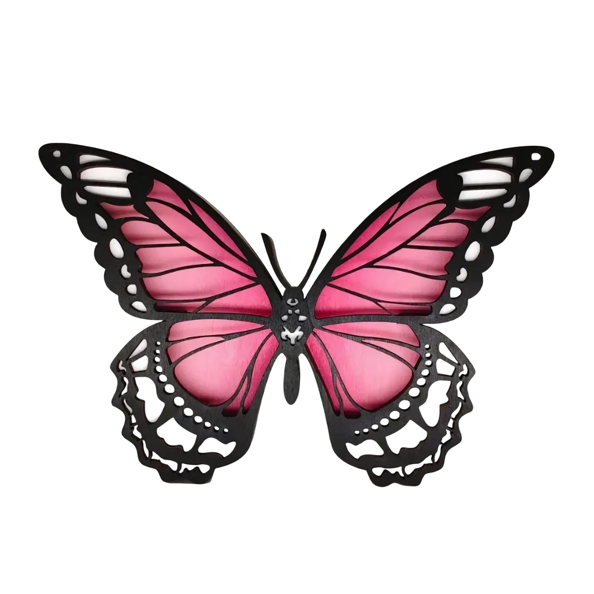 Wooden butterfly led light tabletop decor featuring pink and black colors with intricate cut-out wing patterns