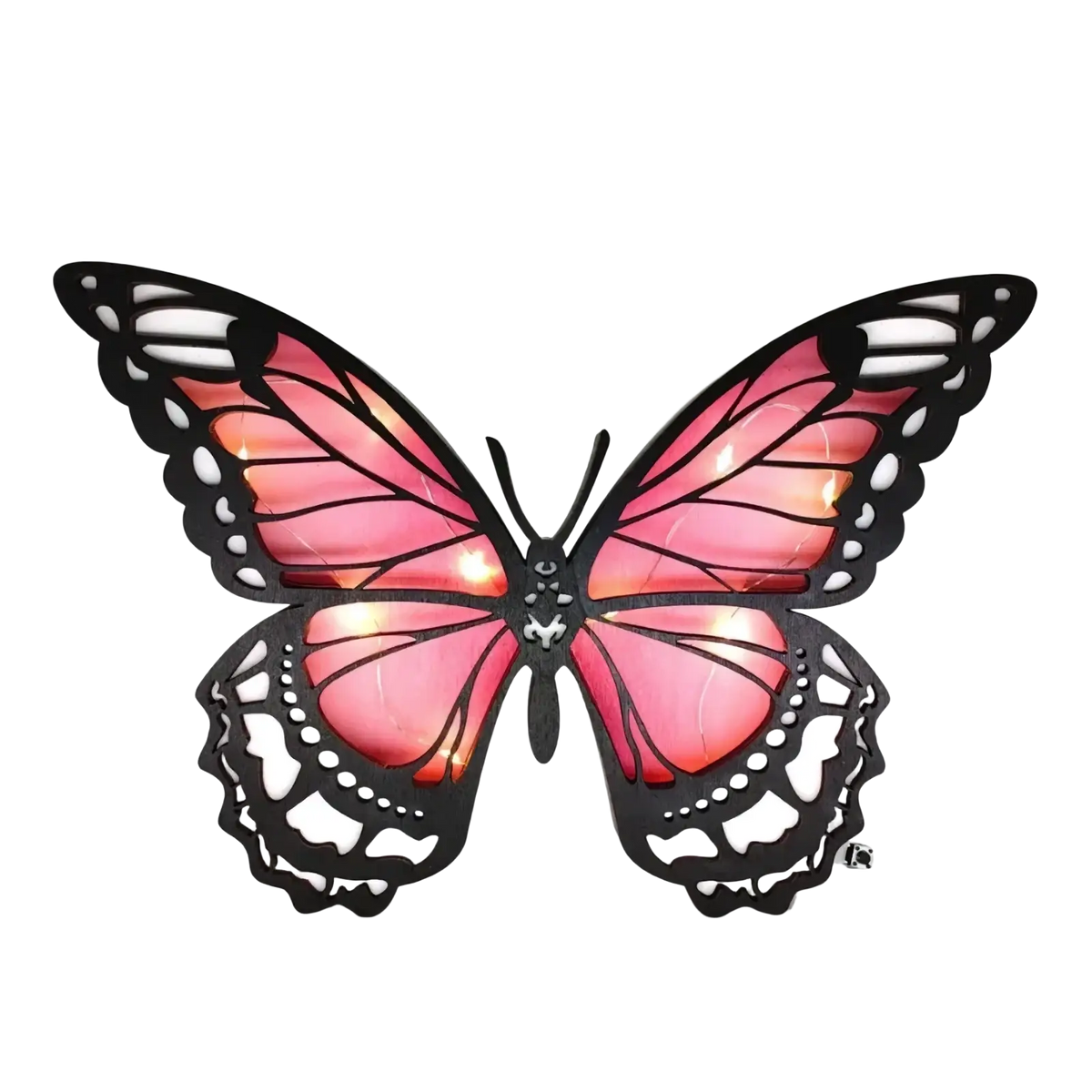 Wooden butterfly led light tabletop decor featuring a pink and black butterfly-shaped wall lamp with illuminated wings
