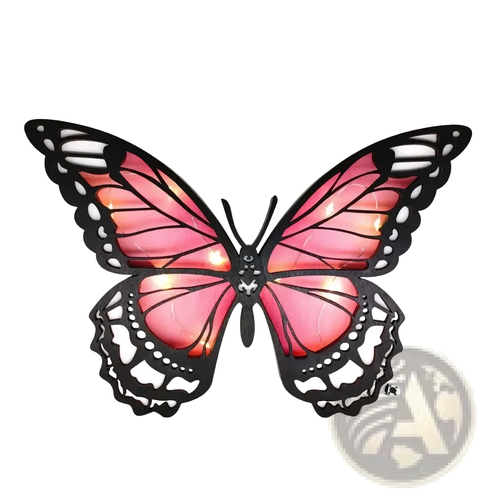 Wooden butterfly led light tabletop decor featuring a pink and black butterfly-shaped wall lamp with illuminated wings