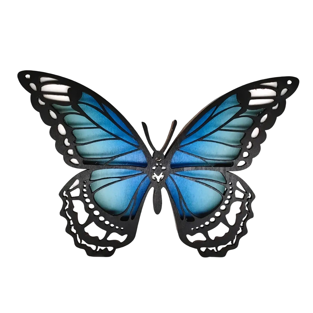 Wooden butterfly led light tabletop decor featuring a vibrant blue butterfly with intricate black cutout detailing and glossy finish