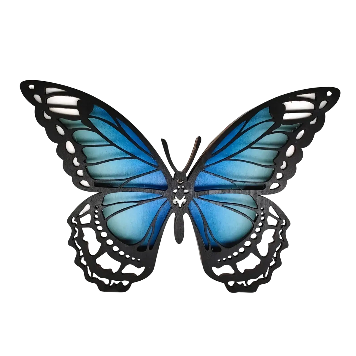 Wooden butterfly led light tabletop decor featuring a vibrant blue butterfly with intricate black cutout detailing and glossy finish