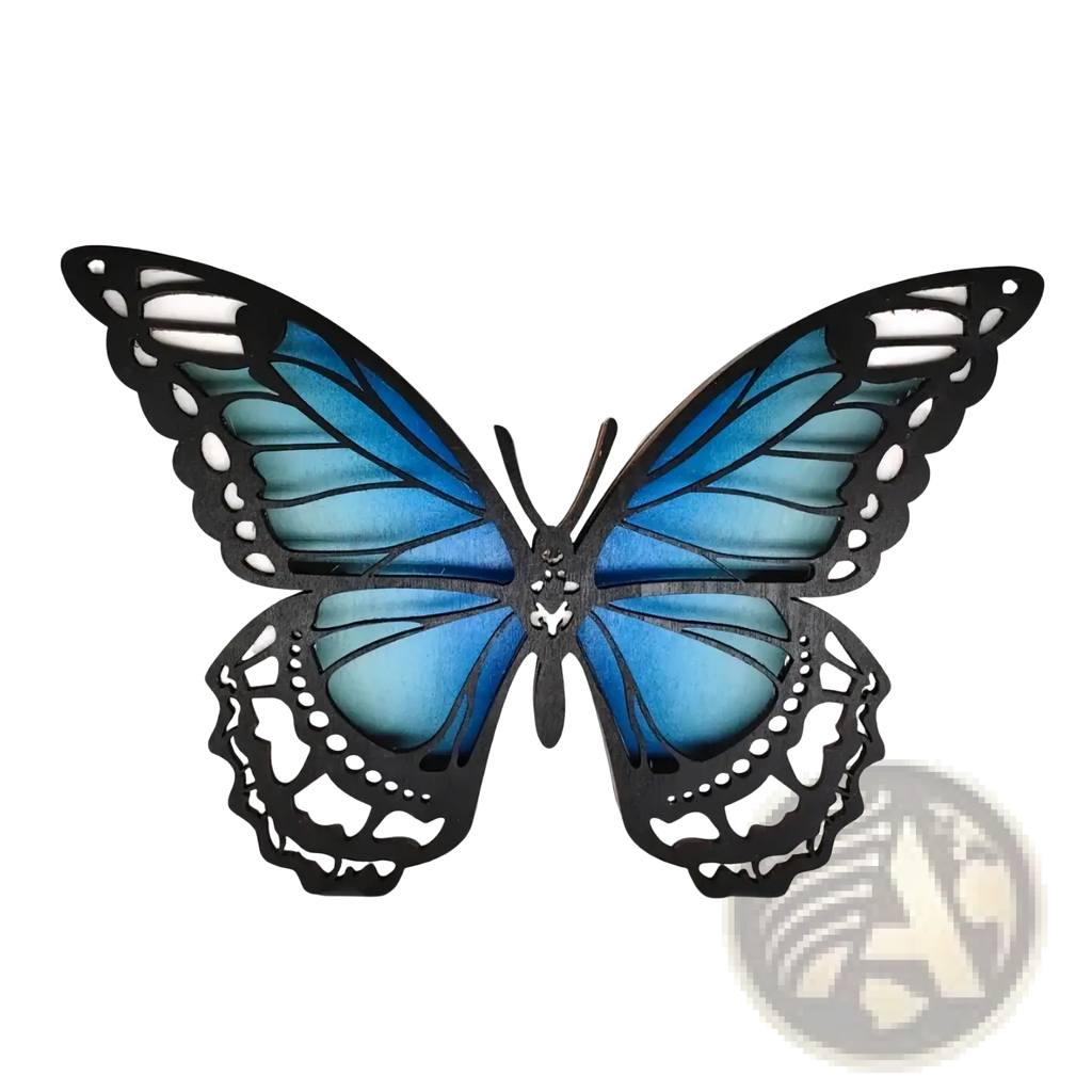 Wooden butterfly led light tabletop decor featuring a vibrant blue butterfly with intricate black cutout detailing and glossy finish
