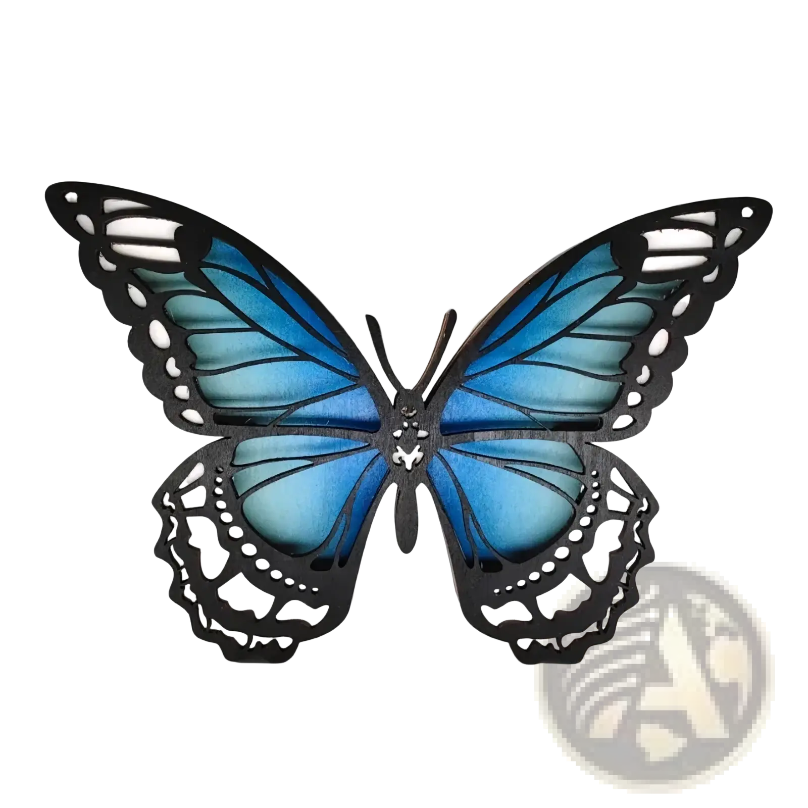 Wooden butterfly led light tabletop decor featuring a vibrant blue butterfly with intricate black cutout detailing and glossy finish